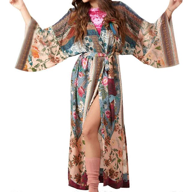 Women Beach Swimsuit Cover Up Boho Floral Printed Open Front Kimono Cardigan Lon