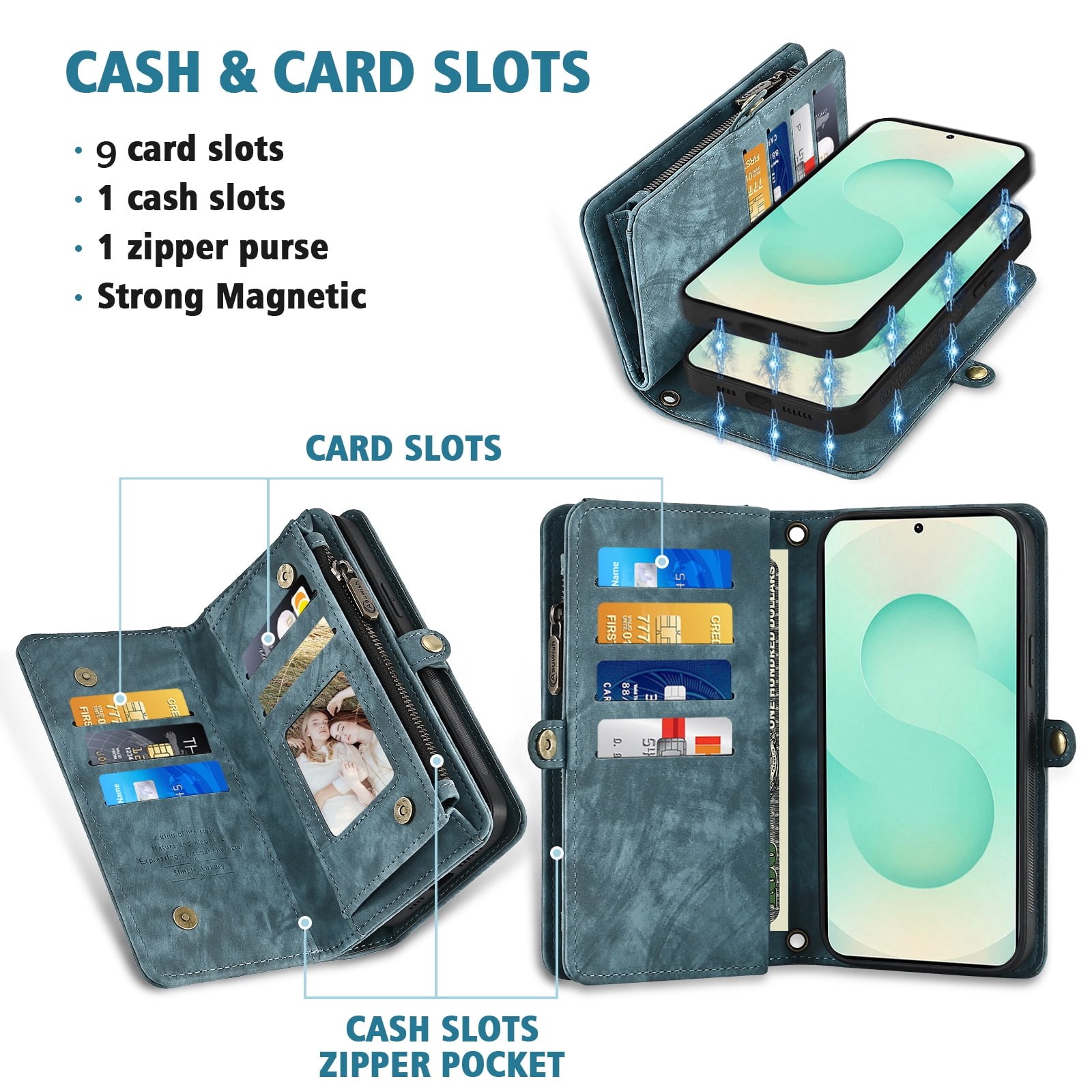 Asuwish Phone Case for Samsung Galaxy S25 Plus S25+ 5G Zipper Wallet Detachable Cell Cover with Tempered Glass Screen Protector Strap Flip Card Holder S25Plus 25S + S 25 25+ SM-S936U Women Girls Blue