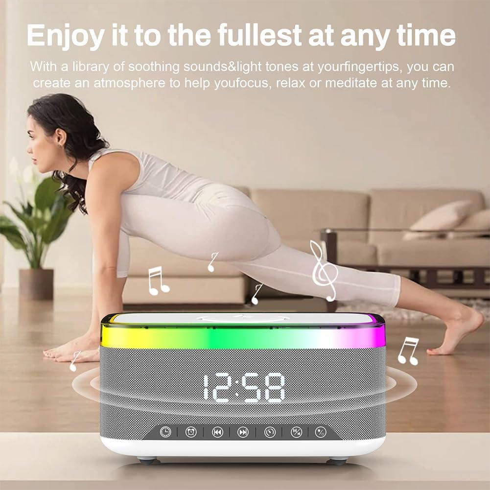 Digital Alarm Clock with Wireless Charging, Bedside with Fast Wireless Charging 15W, Timer Alarm Clock for Heavy Sleepers, RGB Night Light, Bluetooth Speaker Suitable for Indoor & Outdoor, Grey