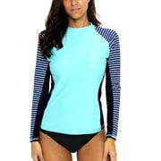 Charmo Long Sleeve Rashguard for Women UPF 50 Sun Protection Swimsuit Top Striped Swim Shirts for Swimming