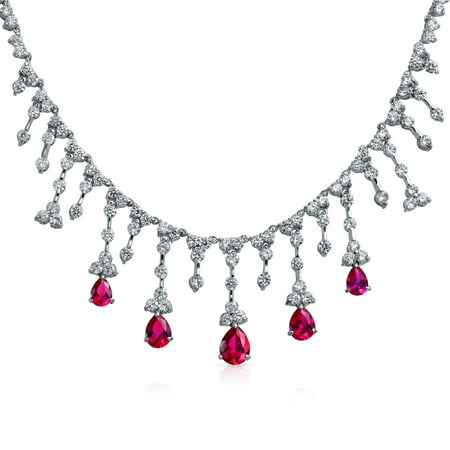 Bling Jewelry Simulated Ruby Vintage Style Drop Rhodium Plated Necklace 16 Inches