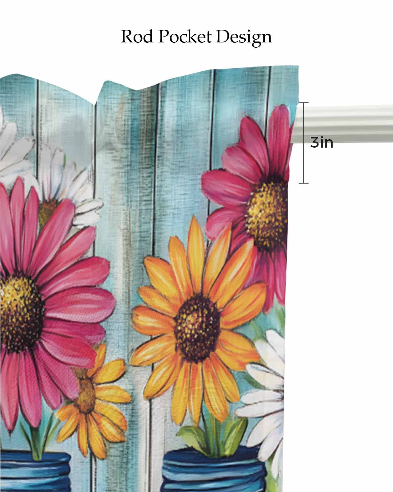 Red White Daisy Kitchen Valances for Windows Farmhouse Linen Window Valance Curtain for Living Room Window Treatment Vintage Bottle Teal Wooden Grain Valance Rod Pocket Topper Drape, 60 x 18 Inch