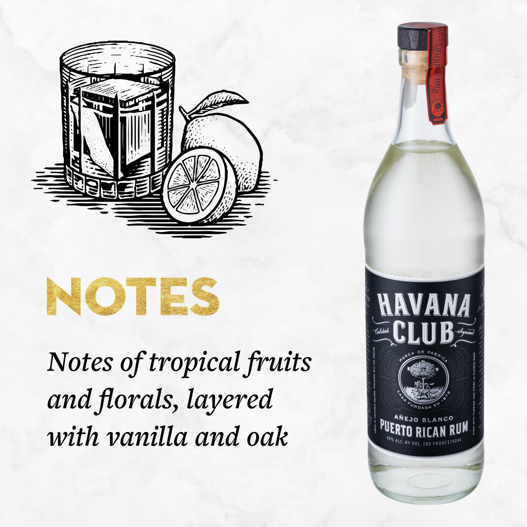 HAVANA CLUB Anejo Blanco Rum, White Rum, 750 mL Bottle, ABV 40