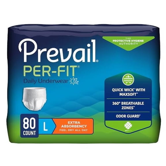 Prevail Per-Fit Daily Protective Underwear, Unisex Adult Disposable Diaper for Men& Women, Extra Absorbency, Large, 44"-58" Waist, 80 Count Case