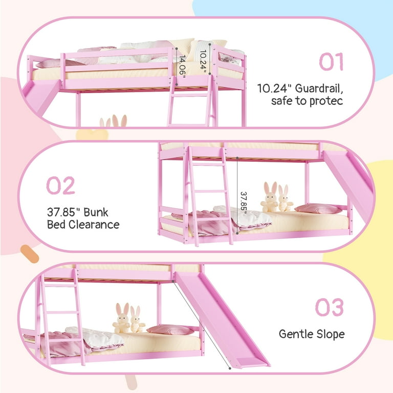 Zimtown Bunk Bed Twin Over Twin, Pink Pine Wood Frame with Slide