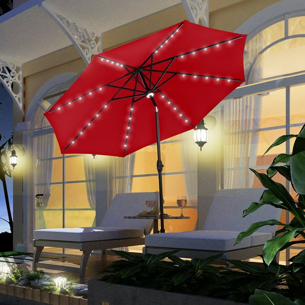 Ainfox 10ft Outdoor Patio Solar Powered Aluminum Umbrella With 40 Led Lights 8 Sturdy Ribs Table Market Umbrella With W Tilt Adjustment And Crank For Garden Deck Backyard Pool Without Base Wine Red Walmart Com Walmart Com