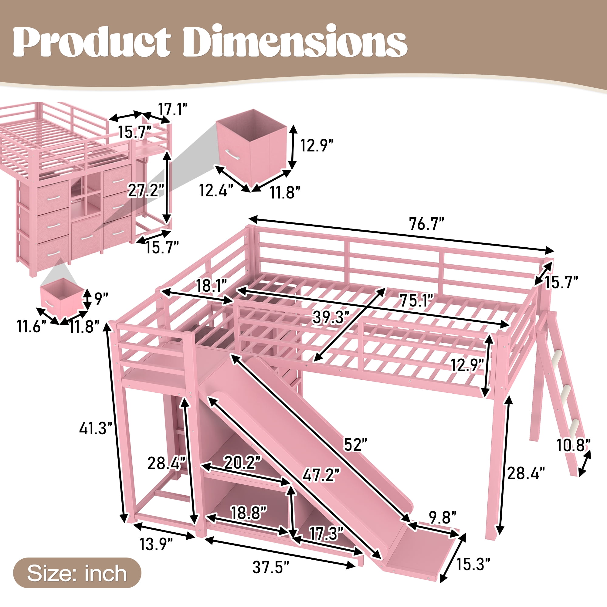 Leumius Twin Size Metal Loft Bed with Slide & Ladder, Metal Loft Bed with Storage Drawers and Hanging Area, LED Lights,Pink