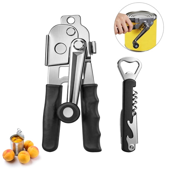 START MAKERS Can & Wine Opener Set, Heavy Duty Manual Can Opener with Smooth Edge, Soft Grip, Hanging Hole for Storage