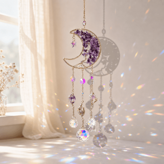 Amethyst Crystal Moon Suncatcher – Tree of Life Window Hanging with Natural Gemstone, Rainbow Prism Effect for Garden or Indoor Decor