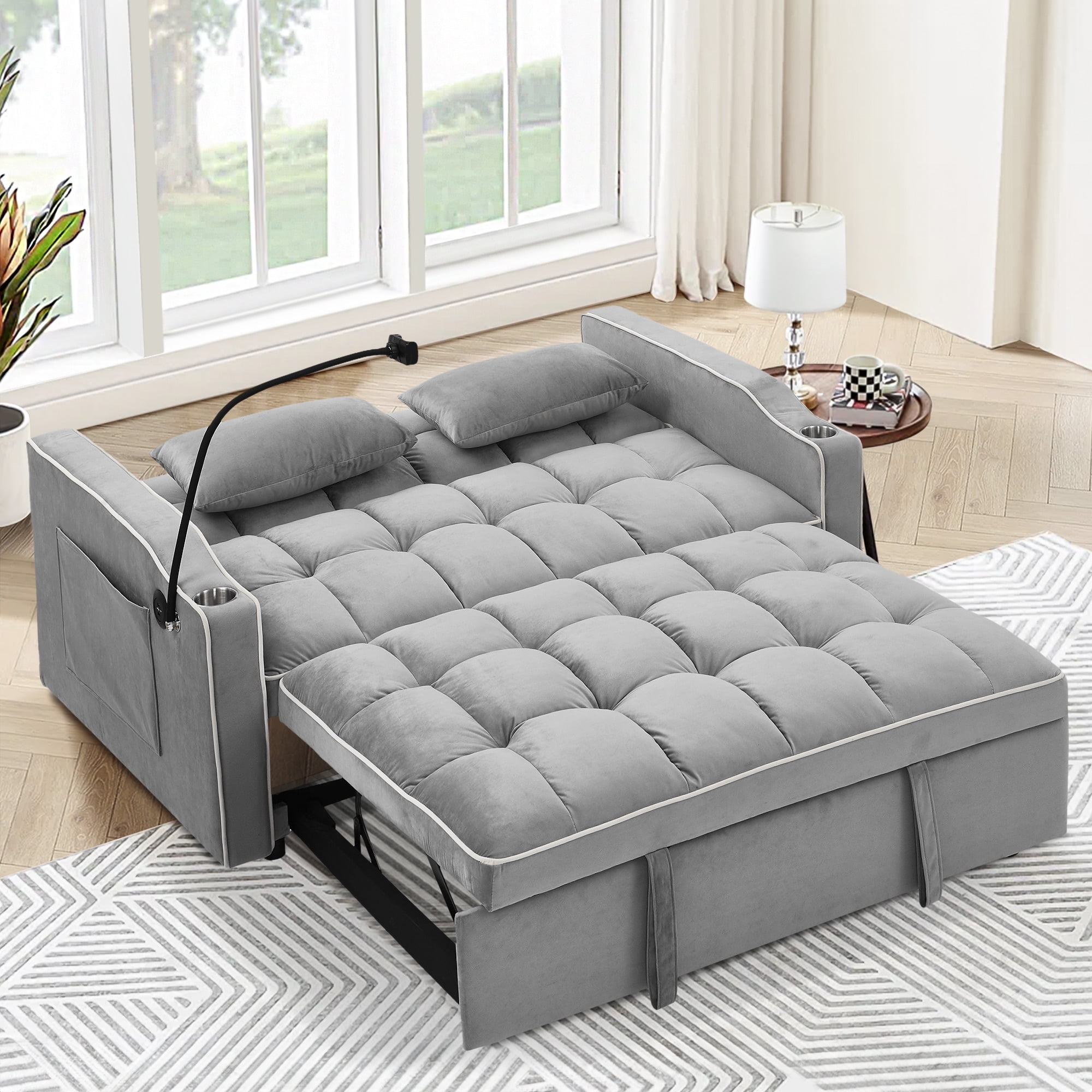 Dinosisco 3-in-1 Convertible Futon Sofa Bed, Loveseat Sleeper with Phone Stand, USB, Gray Velvet