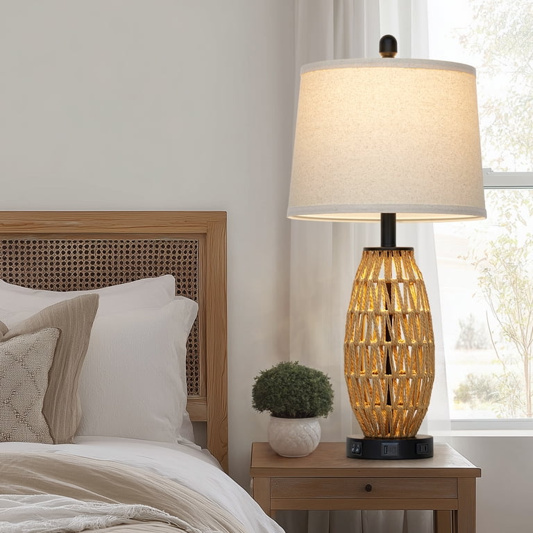 Cinkeda 27-Inch Rattan Table Lamp Set of 2 with USB Charging Ports photo 6
