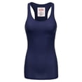 thumbnail image 1 of Women & Plus Solid Ribbed Knit Stretch Workout Racerback Tank Top (NAVY, Medium), 1 of 3