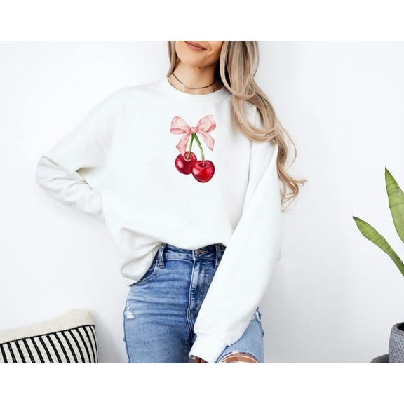 Cherry Bow Sweatshirt, Ribbon Trendy Sweater, Valentine Cherry Love Sweatshirt, Ribbon Bow Women Valentines Day Sweatshirt, Heart Sweatshirt