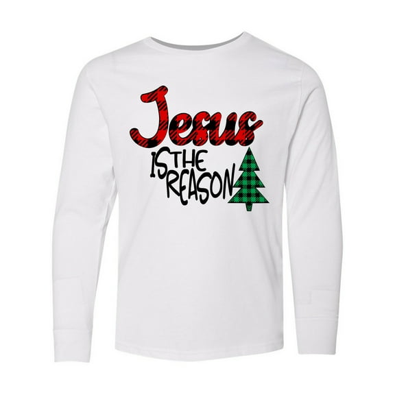 Inktastic Christmas Jesus is the Reason with Green Plaid Tree Long Sleeve Youth T-Shirt