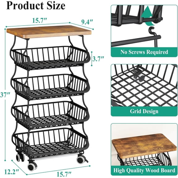 Fruit Basket Kitchen Pantry Organizers and Storage - Wooden Top Table, Stackable Metal Wire Basket Stand Cart for Fruit Vegetable Snacks Onion Potato Organization, Black