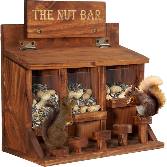 VASGOR Squirrel Feeder Table The Nut Bar, Wooden Squirrel Picnic Table Feeder, Durable Squirrel Feeder Corn Cob with 3 Compartments, Stable Squirrels Stool Bar, 12.2 x 6.6 x 12.2 Inches