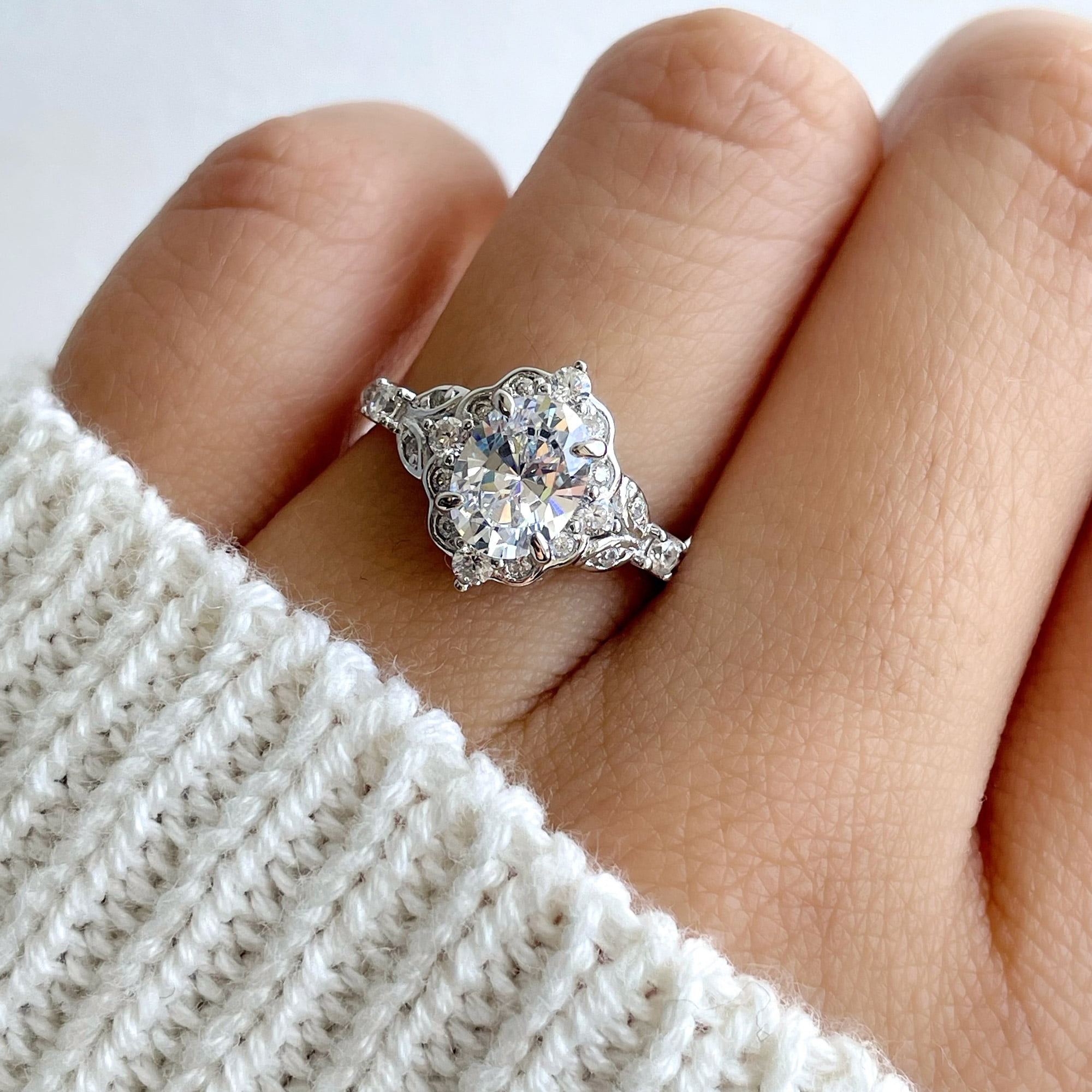 BERRICLE Sterling Silver Halo Wedding Engagement Rings Oval Cut Cubic Zirconia CZ Wishbone Ring Set for Women, Rhodium Plated Size 7.5