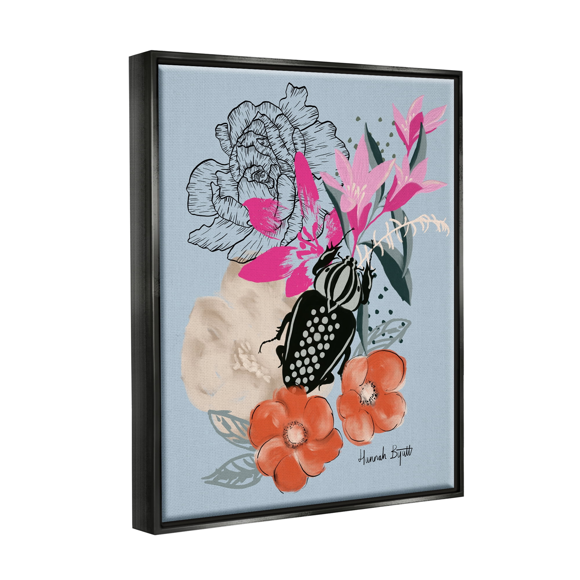 Stupell Industries Beetle & Mixed Flowers Animals & Insects Painting Black Floater Framed Art Print Wall Art, 17 x 21