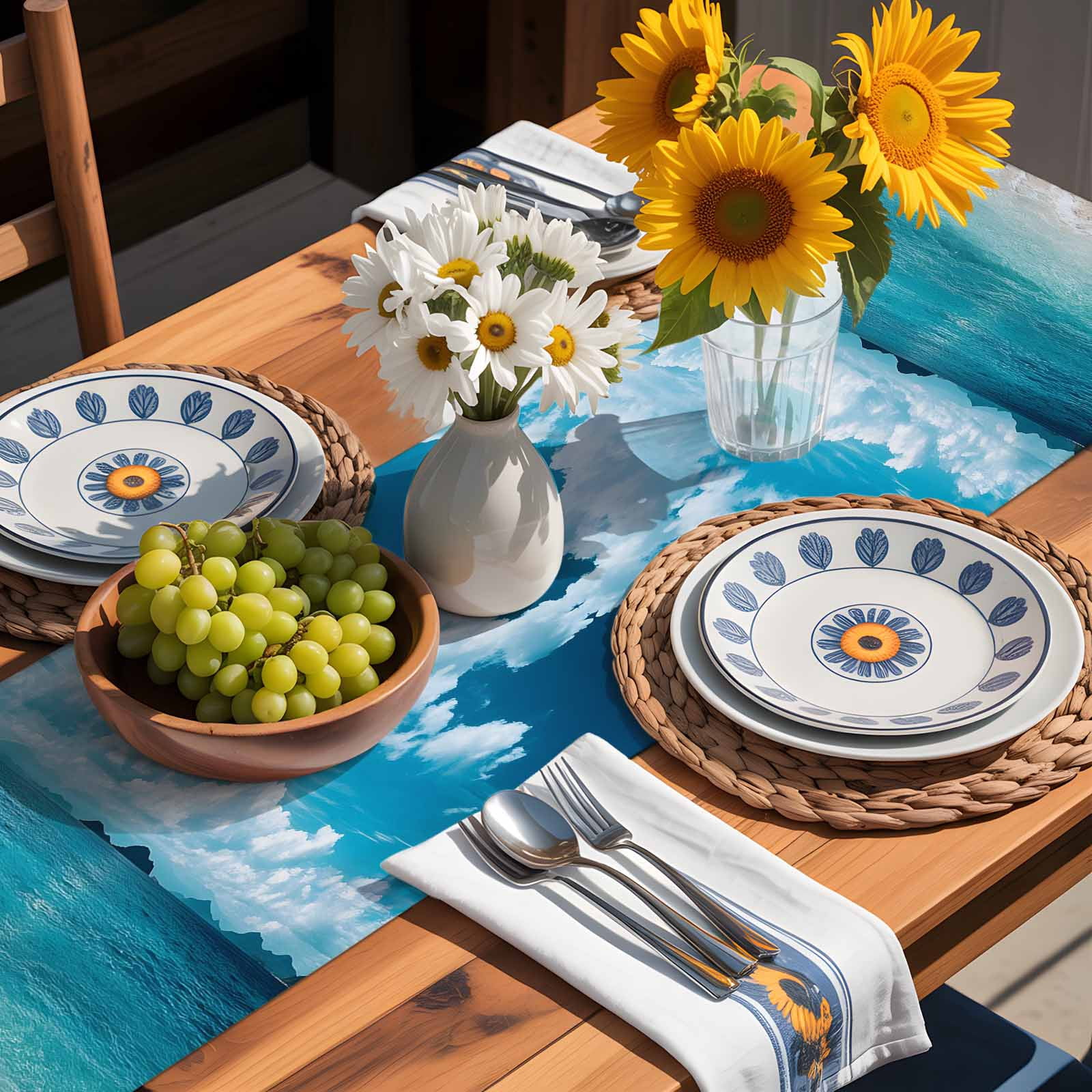 Turquoise Ocean Watercolor Beach Table Runner 90 Inches Long, Summer Seaside Blue Sky Table Runners Tabletop Scarf Kitchen Dining Tables Decoration for Home Party Indoor Outdoor