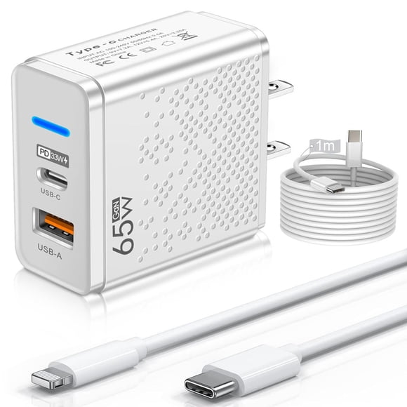 Cargador de Carga Rápida 65W 2 en 1,Cargador Tipo C PD 33W + USB A QC 32W ,Trae un cable de iP y un
