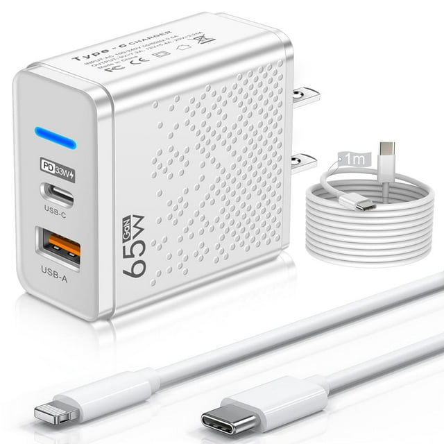 Cargador de Carga Rápida 65W 2 en 1,Cargador Tipo C PD 33W + USB A QC 32W ,Trae un cable de iP y un