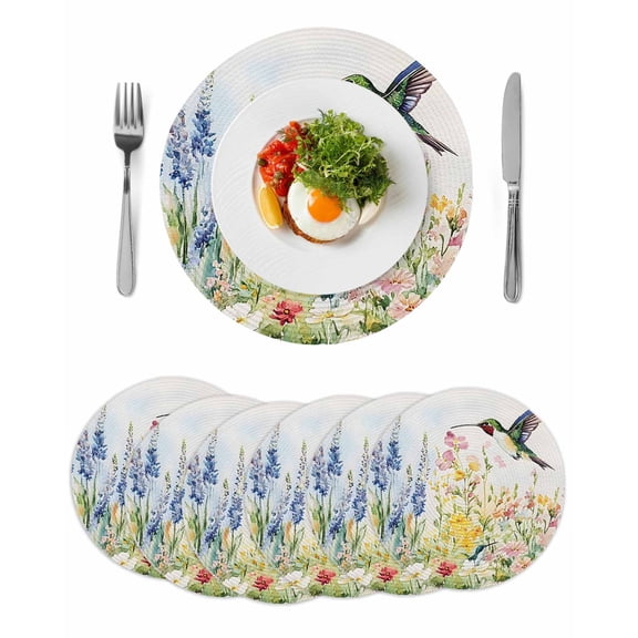 Floral Hummingbird Round 13 Inch Placemats Set of 6, Spring Watercolor Flowers HeatResistant Non Slip Place Mats for Dining Table, Wipeable Braided Kitchen Table Mats for Housewarming