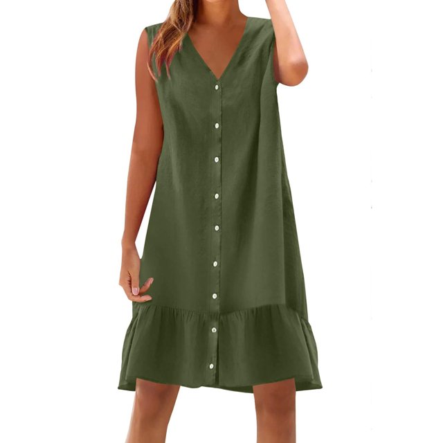 Dvprdro Robe d'Été Imitation Coton Lin pour Femmes Mode Décontractée Ample Couleur Unie Col en V Sans Manches Boutonnée Ourlet à Volants Robe de Plage Soleil