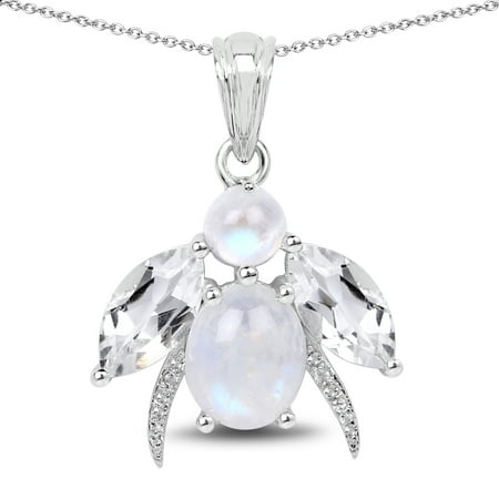 Rainbow Moonstone Chip (925 Sterling Silver Genuine White Rainbow Moonstone, Crystal Quartz and White Topaz Pendant (7.43)