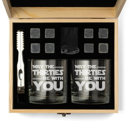 Whiskey Glass Gift Box Set with Whiskey Stones and 2 Rocks Glasses May The Thirties Be with You 30th Birthday Funny 30 Year Old