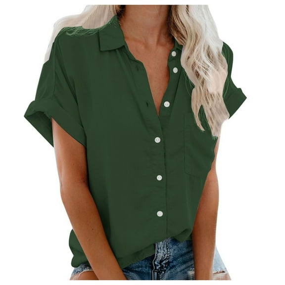 vigerkar Womens Short Sleeve Shirts V Neck Collared Button Down Shirt Tops with Pockets Green, S