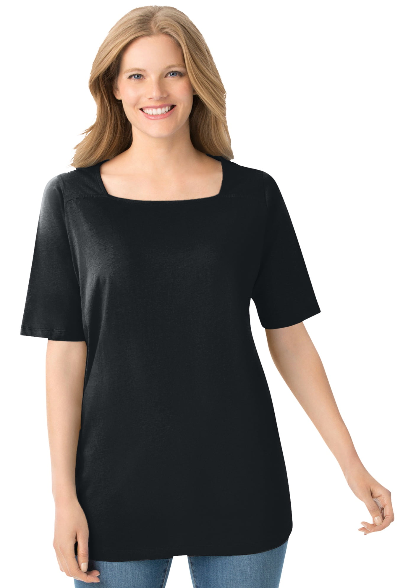 Woman Within Women's Plus Size Perfect Elbow-Sleeve Square-Neck Tee Shirt - Walmart.com