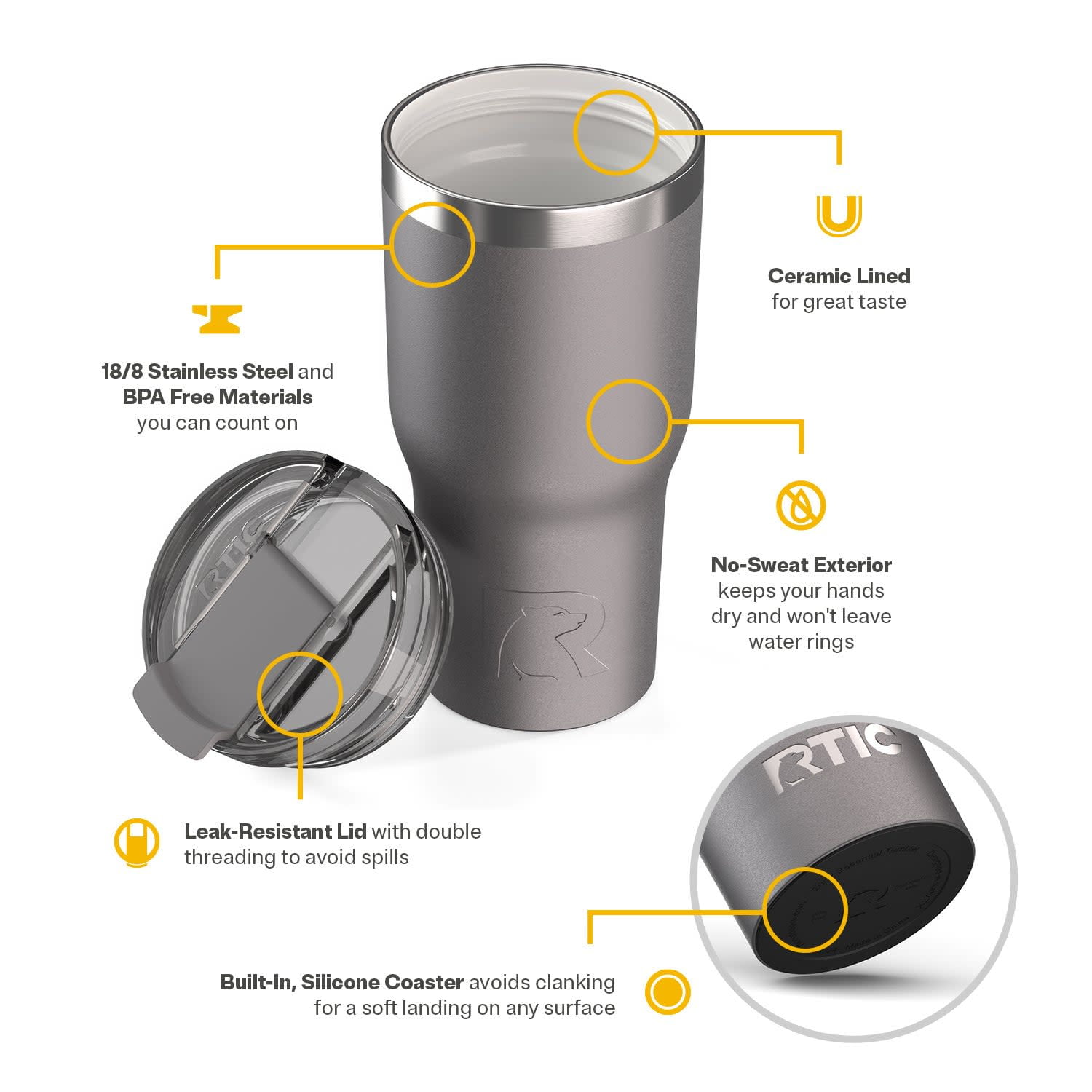 RTIC 20 oz Ceramic Lined Insulated Essential Tumbler with Leak-Resistant Lid, Graphite