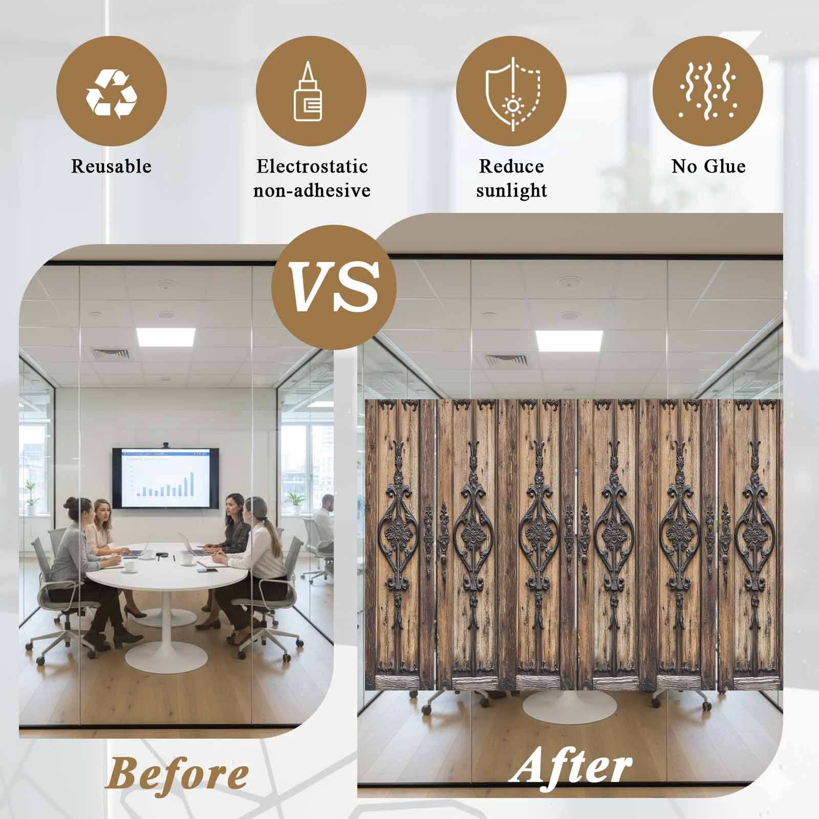 Wooden Plank Window Privacy Film, Rustic Farmhouse Brown Black Barn Door Static Cling UV Sun Blocking Heat Control Window Tint Day and Night, Non-Adhesive One Way Windows Privacy Cover 29.5''x78.7''