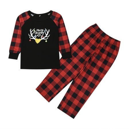 

Gwiyeopda Family Parent-child Pajamas Cartoon Antlers Print Tops + Plaid Trousers Home Clothes Set