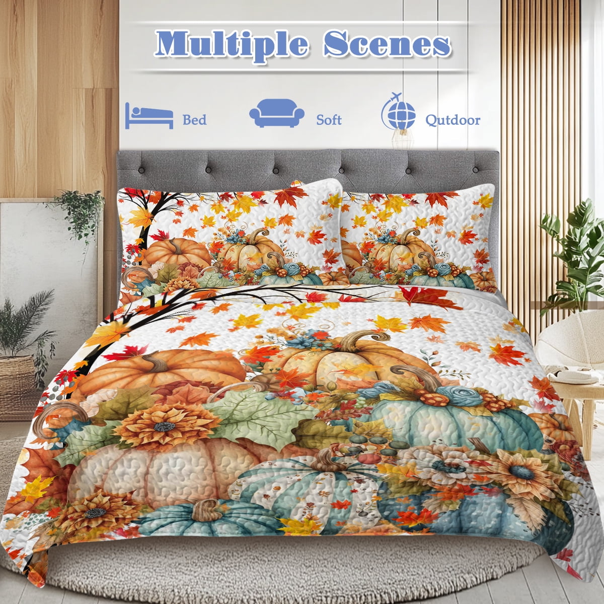 3 Pieces Colorful Oil Painting Pumpkin Pattern Quilt Set Queen Size for All Seasons Flower Fall Leaves Bedding Set with 2 Pillowcases for Kids Adults
