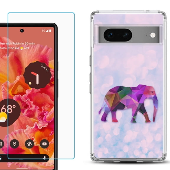 Slim-Fit Gel TPU Phone Case for Google Pixel 7, with Tempered Glass Screen Protector, by OneToughShield ® - Elephant /Polygon