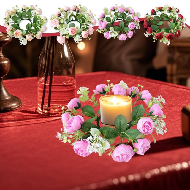 Candelabro De Rosas De Té Pequeñas Simuladas, Corona De Flores, Decoración Navideña, Plástico Multicolor Con Hojas Verdes Y Flores Blancas Para Escritorio, Pared O Decoración De Velas, Rojo, Rkxzt
