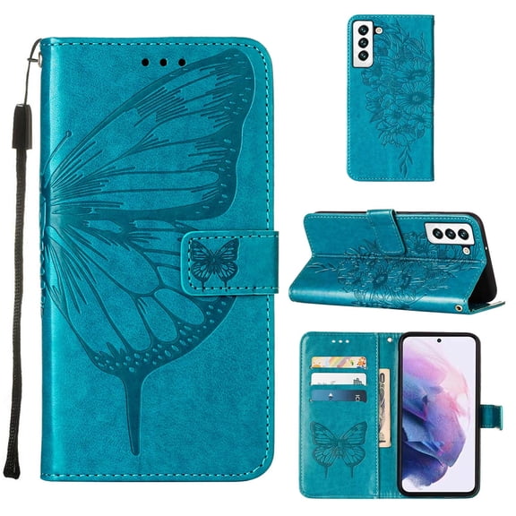 For Samsung Galaxy S22 5G Embossed Butterfly Leather Phone Case with Holder & Card Slot & Wallet &