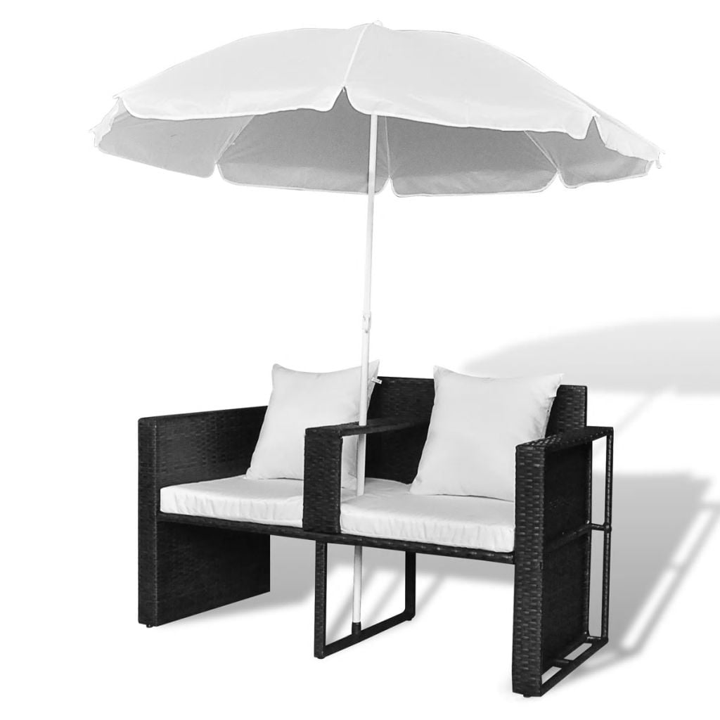 Kepooman Outdoor Patio 2-Person Rattan Sun Lounger with Cushion & Parasol, Black Kepooman Outdoor Patio 2-Person Rattan Sun Lounger with Cushion & Parasol, Black