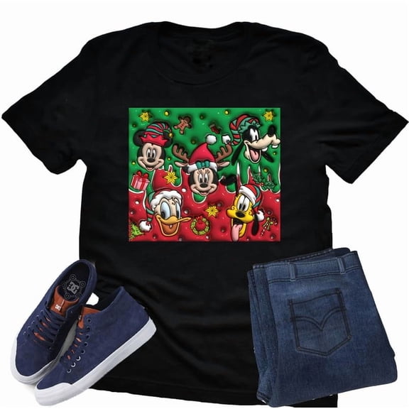 Christmas Mickey and Friends Unisex Short Sleeve Shirt (Black-2X Large)
