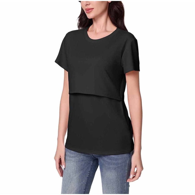 Blouse d'Allaitement pour Femmes avec Col Rond, Manches Courtes, Tissu Polyester-Spandex Haute Élasticité, Couleur Unie, Coupe Décontractée, pour Grossesse et Allaitement
