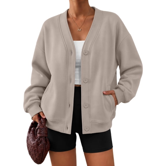 SUNBS V‑Neck Button Sweatshirts Cardigan for Women Fall Jacket Oversized Casual Clothes with Pockets