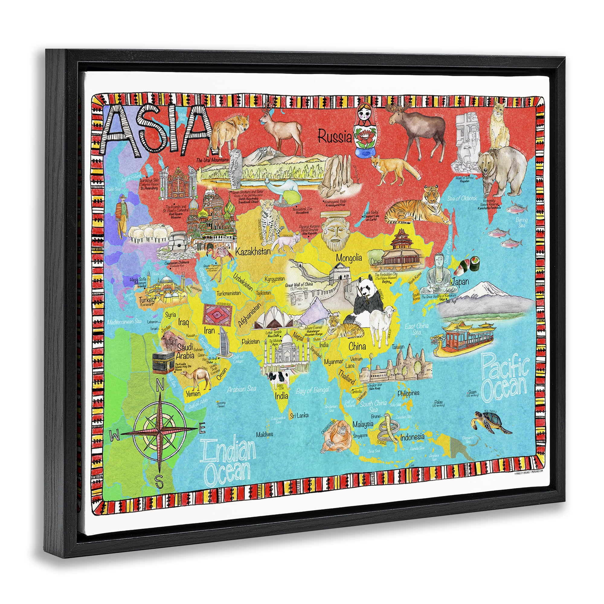 Stupell Industries Asian Animal Map Town & City Painting Black Floater Framed Art Print Wall Art, 21 x 17