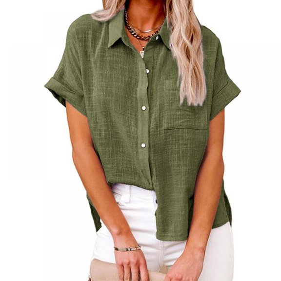 Womens Button Down Blouse Shirts Short Sleeve V Neck Casual Loose Collared Tops with Pockets