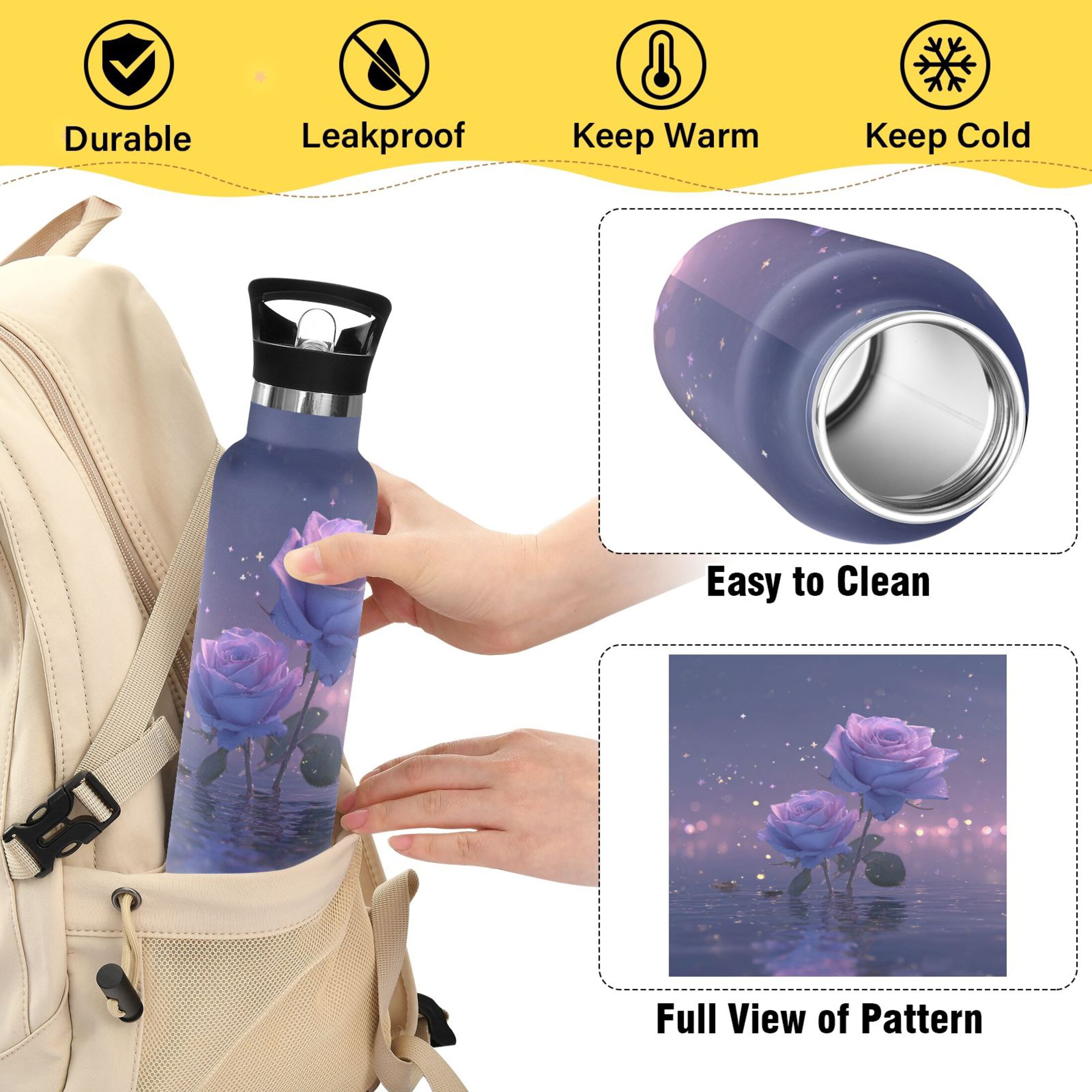 600ML Stainless Steel Insulated Cup Sports Water Bottle Portable Thermos Cup Water Glasses Insulated Tumblers Convenient and Durable Purple Rose