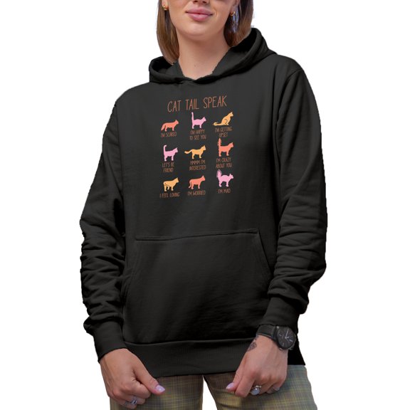 Cat Tail Speak, Language of Cats, Kitty Owner or Parent Merch Gift, Black Hooded Sweatshirt or Hoodie, Small