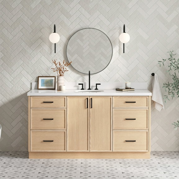 Ariel Kelly 67 Inch Single Oval Sink Bathroom Vanity With Pure White Quartz Countertop 1.5 Inch Edge In Oak