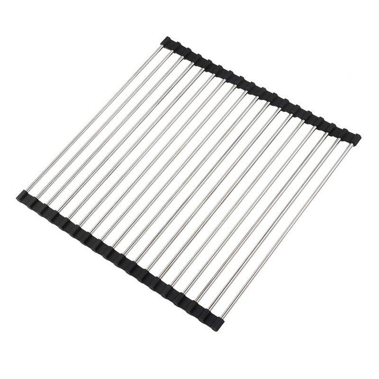Roll Up Dish Drying Rack 14.5”(L) x 14”(W) Stainless Steel and Silicone  Dish Drying Mat Over The Kitchen Sink Foldable Drain Rack Multipurpose Dish
