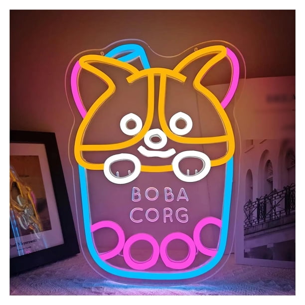 Letrero De Neón Boba Con Perro Corgi, Regulable Por USB, Ideal Para Bares, Cafeterías, Pastelerías, Tiendas De Té De Burbujas Y Tiendas De Bebidas 37x27.6cm