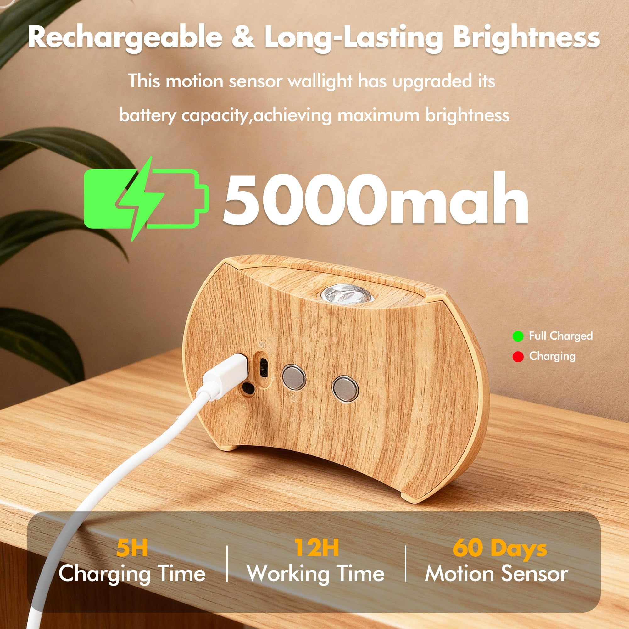 Motion Sensor Wall Lights Indoor - Rechargeable Wall Lights Up & Down, Wireless Battery Operated Wall Sconce Set of 4for Bedroom, Hallway, Stair, Living Room Decor, Wood Cordless Magnetic Wall Lamp